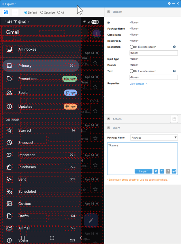 The open drawer in UI Explorer with TP:more.
